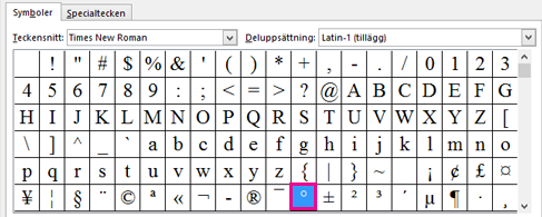 Klicka på gradtecknet på fliken Symboler.