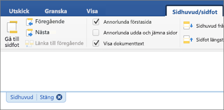 Sidhuvudsområdet på ett dokument visas