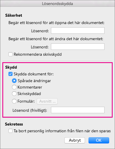 Avsnittet Skydd är markerat