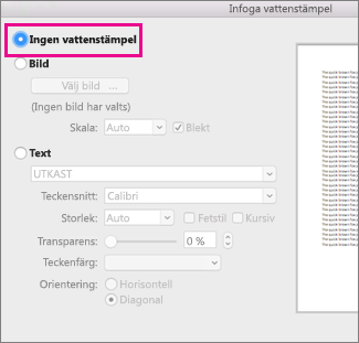 Ingen vattenstämpel är markerat i dialogrutan Infoga vattenstämpel