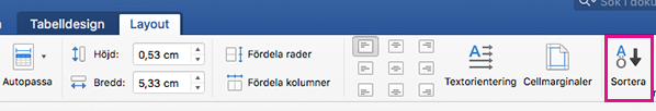 Fliken Tabellayout med Sortera markerat.