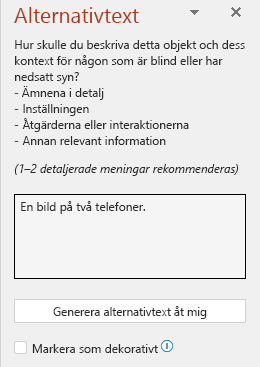 Fönstret med alternativtext som visar ett exempel på felaktig alternativtext.