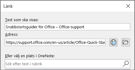 Skärmbild av dialogrutan Länk i OneNote. Innehåller två fält att fylla i: Text som ska visas och Adress.