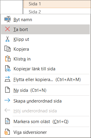 Ta bort en sida i dialogrutan OneNote för Windows