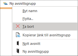Ta bort avsnittsgrupp i dialogrutan OneNote för Windows