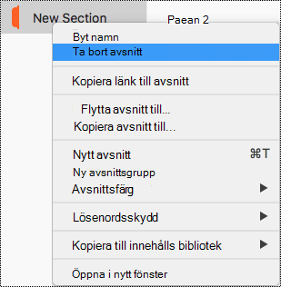 Snabbmenyn för avsnitt med alternativet för att ta bort avsnitt markerat i Mac.