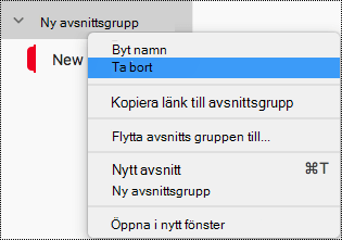 Ta bort avsnittsgrupp i OneNote för Mac