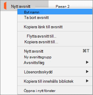 Snabbmenyn för avsnitt med alternativet Byt namn på avsnitt markerat.