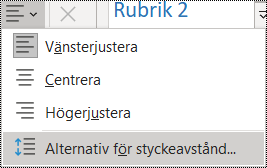 Skärmbild av alternativet Styckeavstånd på Start-menyn.