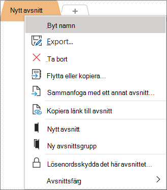 Skärmbild av snabbmenyn med alternativet Byt namn markerat.