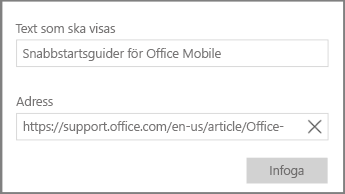 Skärmbild av dialogrutan för att lägga till en hypertextlänk i OneNote för Windows 10.