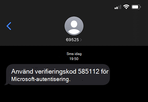 Skärmbild som visar ett SMS från Microsoft numrerat 69525
