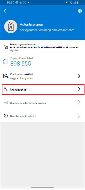 Startsidan för arbets- eller skolkonto, med länken Ändra lösenord markerad
