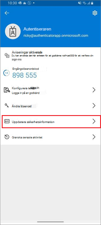 Startsida för arbets- eller skolkonto, med markerad uppdateringslänk för säkerhetsinformation