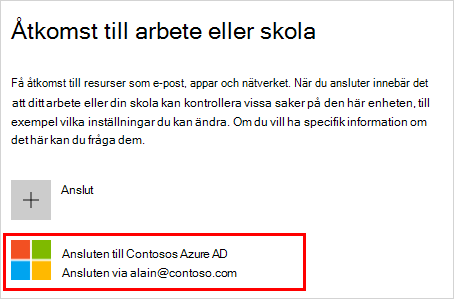 Skärmbild som visar access-fönstret för arbete eller skola med kontot Ansluten till (din organisation) Azure AD markerat