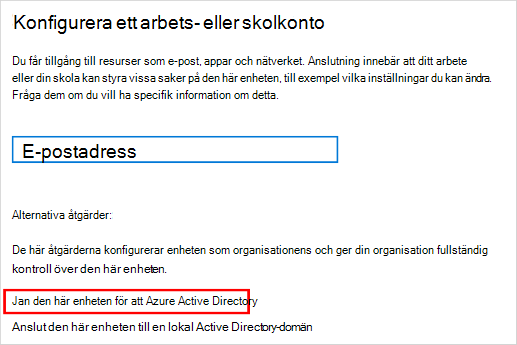 Konfigurera en arbets- eller skolkontoskärm