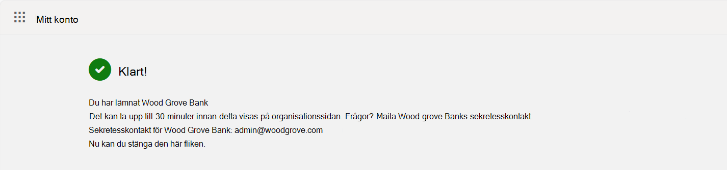 Skärmbilden visar vänster bekräftelseskärm för organisation.