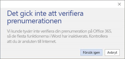 Skärmbild av felmeddelandet Det gick inte att verifiera prenumerationen