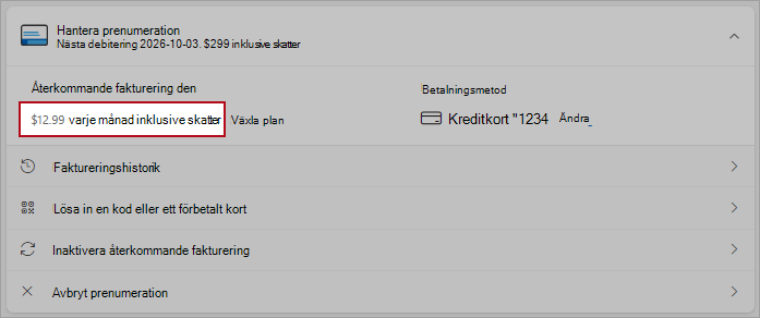 Skärmbild som visar information om alternativet byta abonnemang i alternativ för återkommande fakturering.