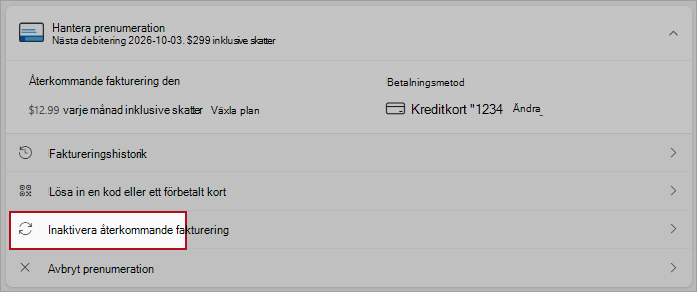Skärmbilden markerar platsen för knappen för att inaktivera återkommande fakturering.