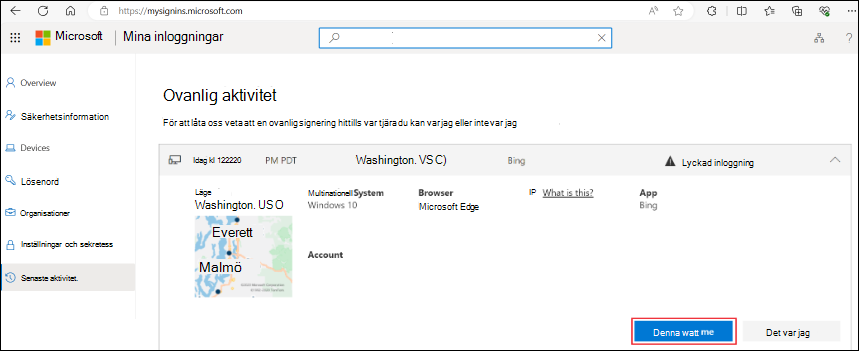 Skärmbild av sidan Ovanlig aktivitet.