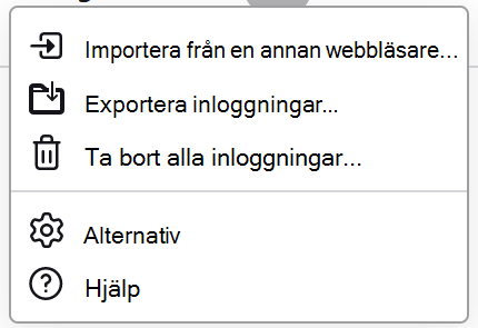 Lösenordsmenyn i Firefox, som visar Exportera inloggningar tillgängliga.