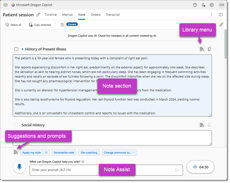 Image of the Note tab in Dragon Copilot.