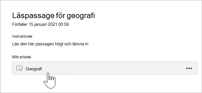 skärmbild av elevupplevelsen. texten lyder Geografi läsningsstycke, Förfaller 15 januari 2021 12:59 AM, instruktioner: läs det här stycket högt och lämna in, mitt arbete, en knapp där det står Geografi.