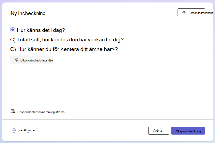 Skärmbild av incheckningsdialogrutan.