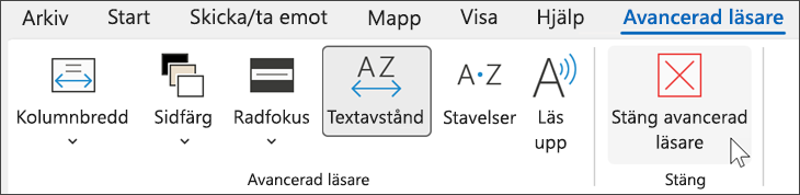 Integrerande läsarverktyg i Outlook med markören hovrar över Stäng