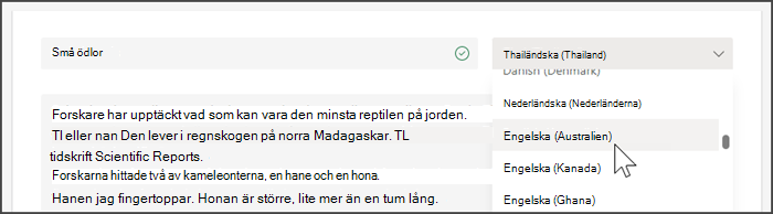 skärmbild som visar listrutan för att välja ett språk