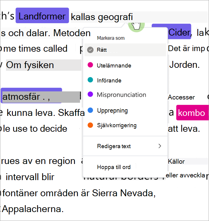 av listrutan som kategoriserar fel, du kan markera fel som korrekta, utelämnande, infogning, feluttal, upprepning eller självkorrigering.