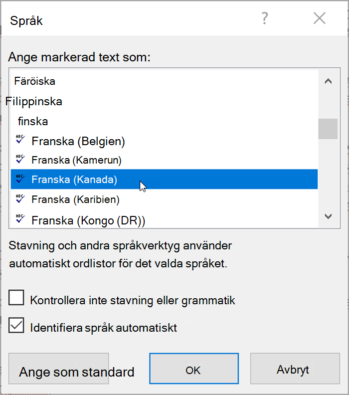 Skärmbild från Word. Popup-listor med språk som kan väljas. Identifiera språk automatiskt är markerat.