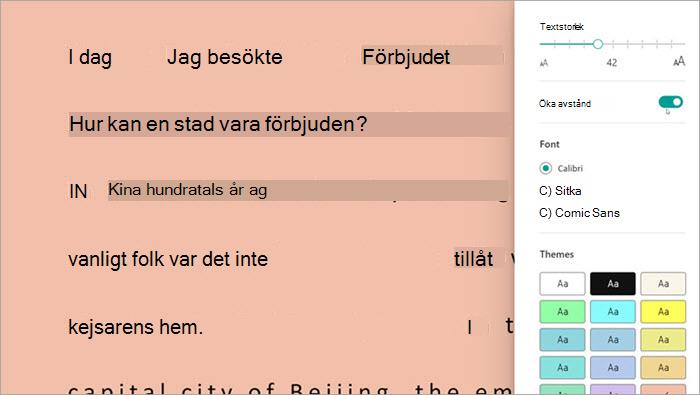 skärmbild av avancerad läsare i Läsframsteg. alternativ visas inklusive textstorlek, mellanrum och bakgrundsfärg