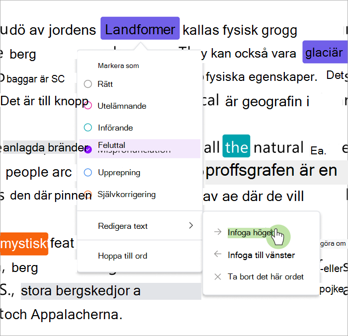 Skärmbild av granskningsfönstret med läsframsteg som visar hur du infogar ord till höger eller vänster om ett markerat ord