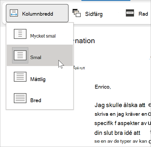 skärmbild av listrutan kolumnbredd för avancerad läsare, alternativen är mycket smala, smala, måttliga, breda