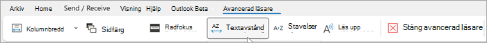 Skärmbild av menyfliksområdet avancerad läsare i Outlook för skrivbordet. Alternativ från vänster till höger är kolumnbredd, sidfärg, radfokus, textavstånd, stavelser, läs högt, stäng avancerad läsare