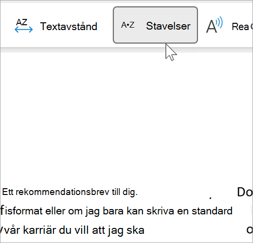 Skärmbild av stavningsfunktionen i avancerad läsare som valts och som visar några ord i ett e-postmeddelande uppdelat i stavelser. ordet rekommendation visas som rec dot om dot men dot da dot tion