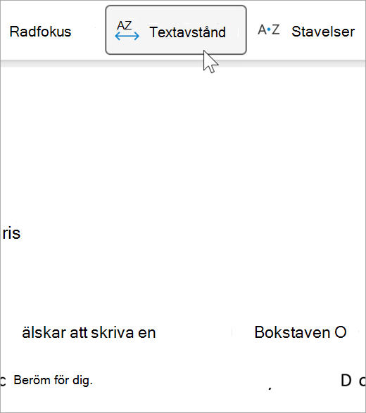 Skärmbild av textavståndsalternativet för avancerad läsare, det finns ett större avstånd mellan bokstäver och mellan ord