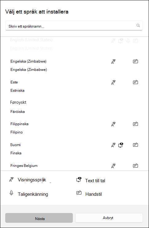 Skärmbild av språkpaket som är tillgängliga för nedladdning i inställningarna i Windows 10.