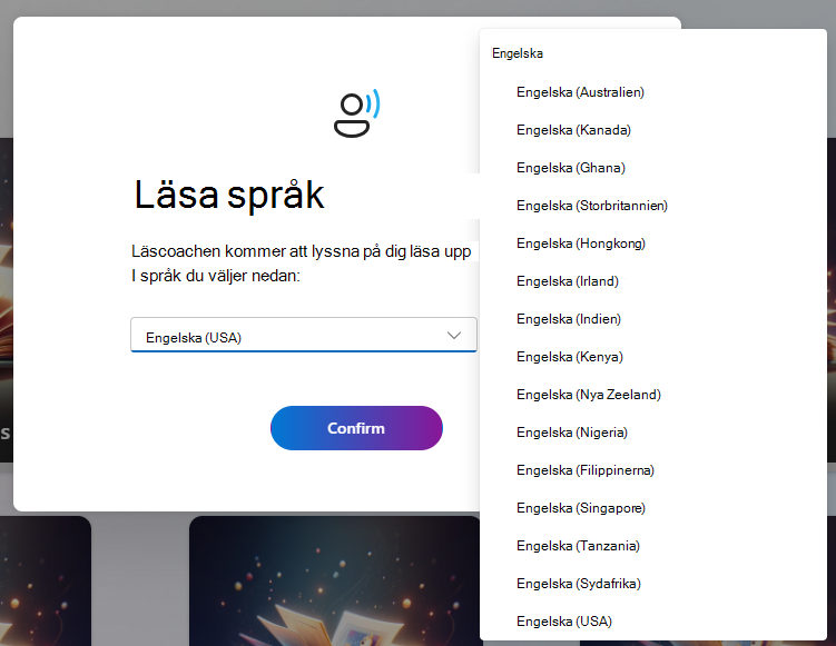 Skärmbild av alternativ för lässpråk.