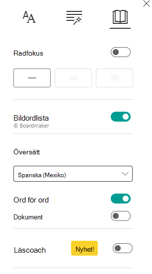 Skärmbild av läsinställningar.