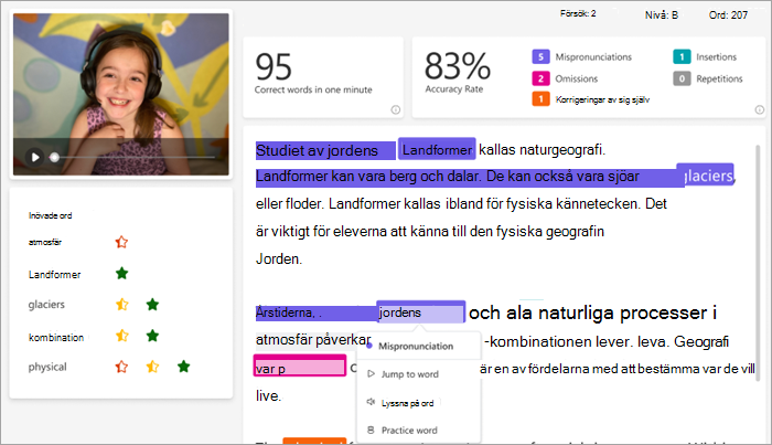 för elever leende vit elev med rosa hörlurar på visas i videoramen bredvid avsnittet hon har läst. avsnittet har markerats med färgkodade fel.