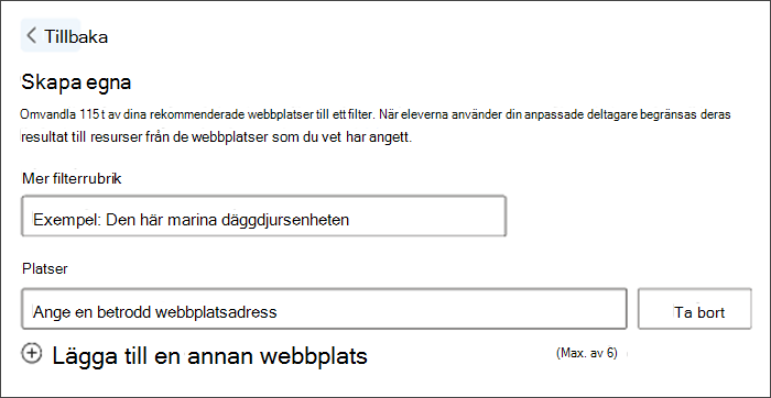 Skärmbild av hur du skapar ett anpassat filter. I exempelfilterrubriken står det marina däggdjursenhet och det finns öppet utrymme nedan för att ange dina egna önskade platser.