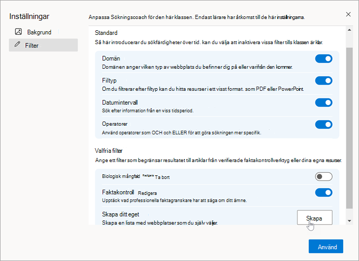 Skärmbild av filteravsnittet i inställningar med en mus som väljer Skapa när du skapar en egen