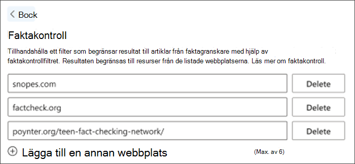 Skärmbild av alternativet för faktakontroll i inställningarna. Tre standardwebbplatser för faktakontroll visas – de kan tas bort och andra kan läggas till för att uppfylla lärares behov.