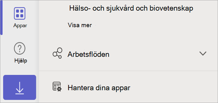 Skärmbild av Teams som visar knappen Appar, som visar knappen Hantera dina appar.
