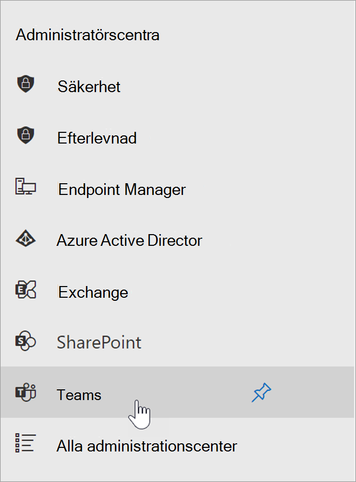 skärmbild av administrationscentret för Microsoft 365 med markören hovrar över startpunkten för administrationscentret för Teams.