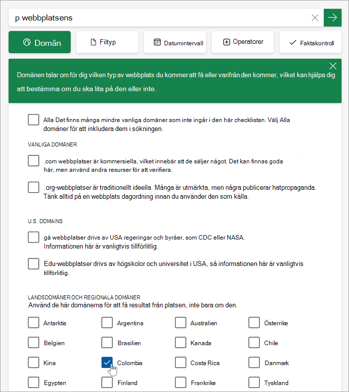 Skärmbild av listan över lands- och nationella domäner när du har klickat på mer.
