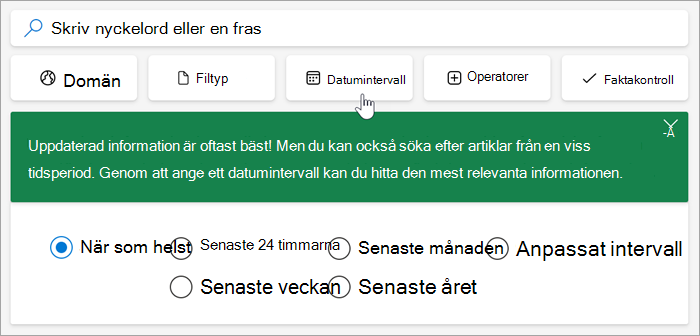 Skärmbild av alternativen för datumintervall, senaste 24 timmar, senaste veckan, senaste månaden, senaste året, anpassat intervall.